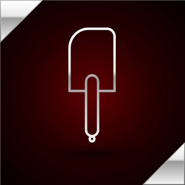 Gümüş çizgili Spatula simgesi koyu kırmızı arka planda izole edilmiş. Mutfak spatula ikonu. Bbq spatula işareti. Barbekü ve ızgara aleti. Vektör İllüstrasyonu