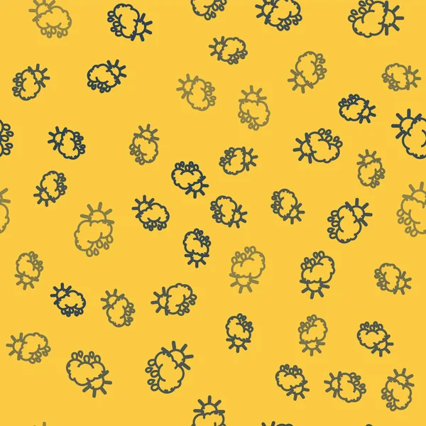 Blue line Cloud with rain and sun icon isolated seamless pattern on yellow background. Rain cloud precipitation with rain drops. Vector Illustration — ストックベクタ