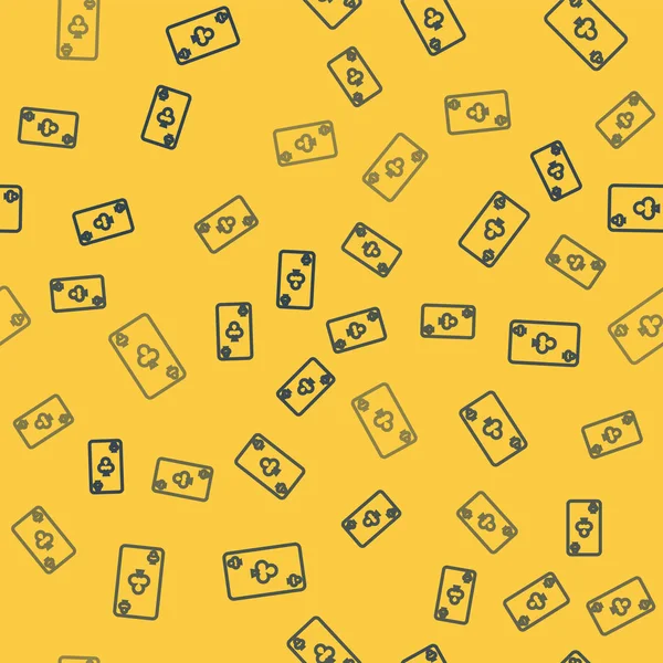 Linha azul Playing card with clubs symbol icon isolated seamless pattern on yellow background. Jogo de casino. Ilustração vetorial — Vetor de Stock