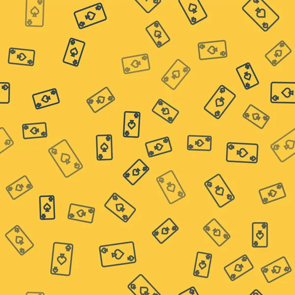 Blue line Playing card with spades symbol icon isolated seamless pattern on yellow background. Casino gambling. Vector Illustration — ストックベクタ