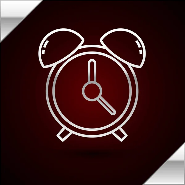 Línea de plata Icono de reloj despertador aislado sobre fondo rojo oscuro. Despierta, levántate concepto. Señal de tiempo. Ilustración vectorial — Vector de stock