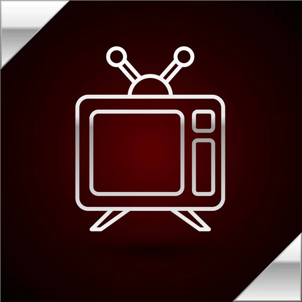 Ícone de TV de linha de prata isolado no fundo vermelho escuro. Sinal de televisão. Ilustração vetorial — Vetor de Stock
