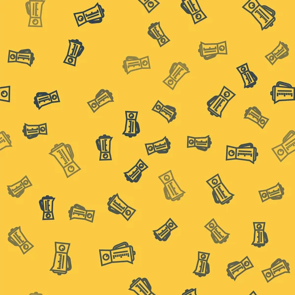 Blauwe lijn Blender pictogram geïsoleerd naadloos patroon op gele achtergrond. Keuken elektrische vaste blender met kom. smoothies, cocktail of sap koken. Vector Illustratie — Stockvector
