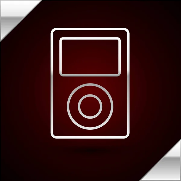 Ícone de jogador de música de linha de prata isolado no fundo vermelho escuro. Dispositivo de música portátil. Ilustração vetorial — Vetor de Stock