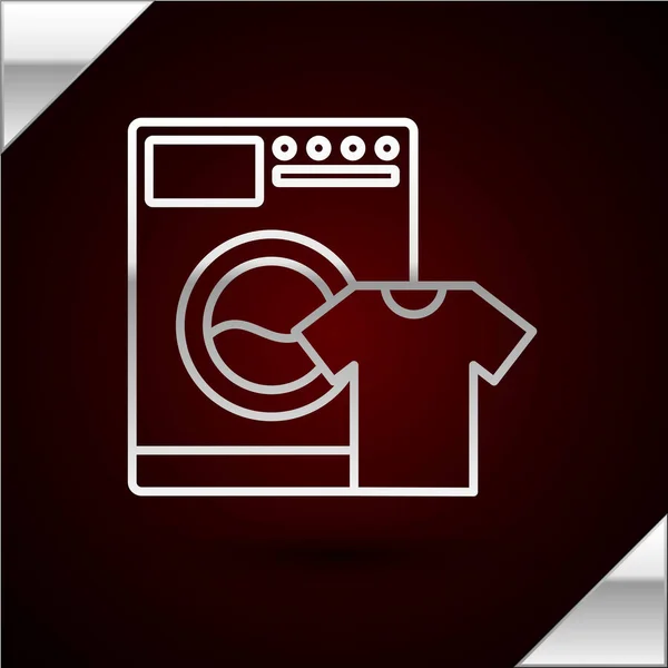 Silberne Linienwaschmaschine und T-Shirt-Symbol isoliert auf dunkelrotem Hintergrund. Waschmaschinensymbol. Wäscheservice, Waschmaschine. Haushaltsgerätesymbol. Vektorillustration — Stockvektor