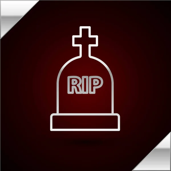 Stříbrná čára Tombstone s Rip napsané na ikoně izolované na tmavočerveném pozadí. Ikona hrobu. Vektorová ilustrace — Stockový vektor