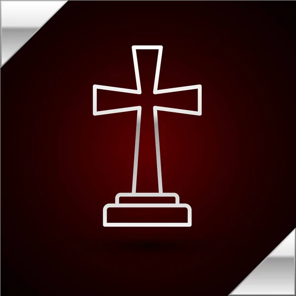 Silver line Tombstone with cross icon isolated on dark red background. Grave icon. Vector Illustration — Stock Vector