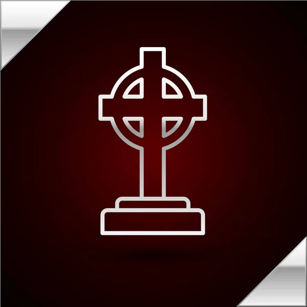 Stříbrná čára Tombstone s ikonou kříže izolované na tmavočerveném pozadí. Ikona hrobu. Vektorová ilustrace — Stockový vektor