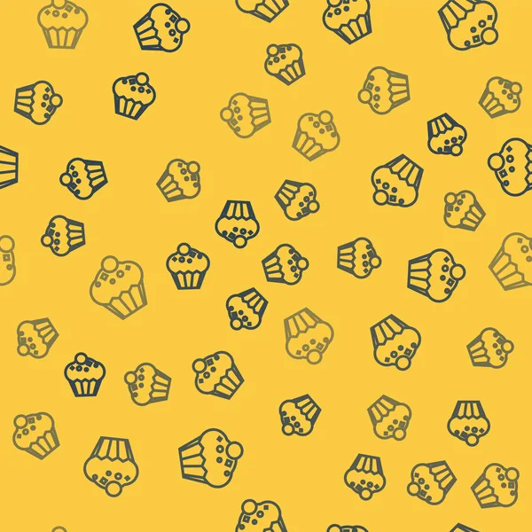 Ligne bleue Muffin icône isolé motif sans couture sur fond jaune. Illustration vectorielle — Image vectorielle
