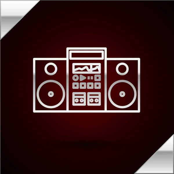 Línea de plata Estéreo casero con dos altavoces icono aislado sobre fondo rojo oscuro. Sistema de música. Ilustración vectorial — Vector de stock