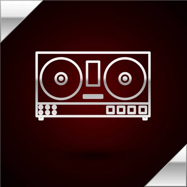 Télécommande DJ Silver line pour jouer et mixer des icônes musicales isolées sur fond rouge foncé. Mélangeur DJ complet avec lecteur vinyle et télécommande. Illustration vectorielle — Image vectorielle