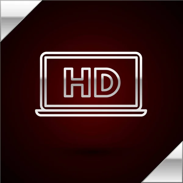 Pantalla portátil de línea plateada con icono de tecnología de vídeo HD aislado sobre fondo rojo oscuro. Ilustración vectorial — Archivo Imágenes Vectoriales