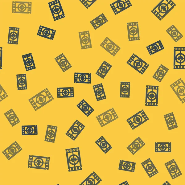 Blue line Play Video icon isolated seamless pattern on yellow background. Film strip with start sign. Vector Illustration — ストックベクタ