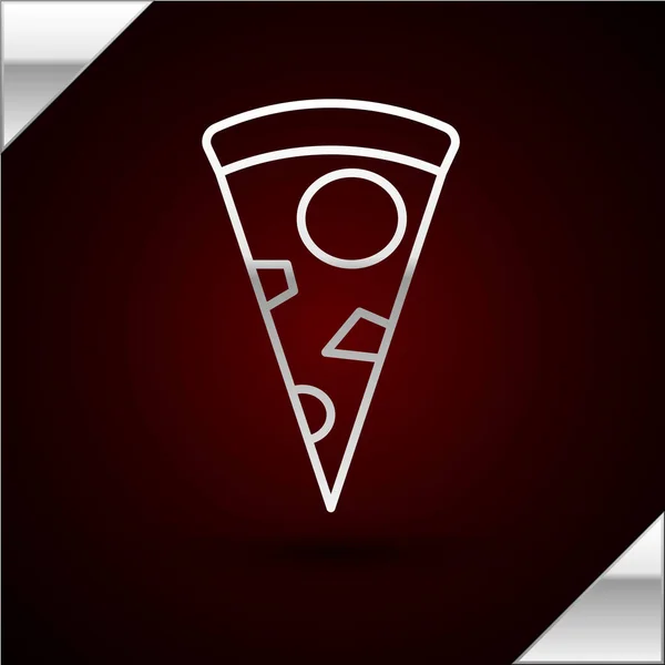 Línea de plata Rebanada de pizza icono aislado sobre fondo rojo oscuro. Ilustración vectorial — Vector de stock