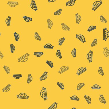 Mavi çizgi mutfaktaki süzgeç simgesi sarı arkaplandaki kusursuz deseni izole etti. Mutfak aletleri. Çatal bıçak seti. Vektör İllüstrasyonu