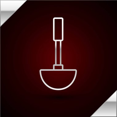 Gümüş çizgili mutfak kepçesi simgesi koyu kırmızı arka planda izole edilmiş. Mutfak aletleri. Çatal kaşık tabelası. Vektör İllüstrasyonu