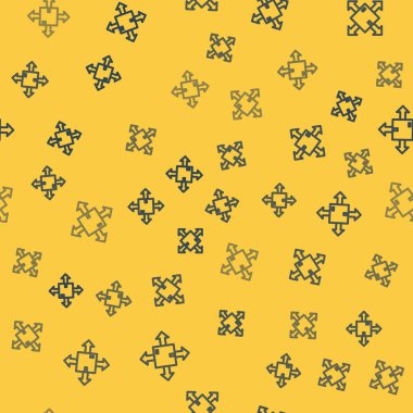 Üzerinde trafik sembolü simgesi olan mavi çizgi karton kutu sarı arka planda izole edilmiş pürüzsüz desen. Kutu, paket, paket işareti. Teslimat, ulaşım ve nakliye. Vektör İllüstrasyonu