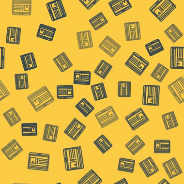 Uygulama dağıtım simgesine sahip mavi çizgi dizüstü bilgisayar sarı arkaplanda izole edilmiş kusursuz desen. Paket takibi. Vektör İllüstrasyonu