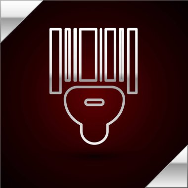 Gümüş çizgi tarayıcısı barkod simgesini tarıyor. Koyu kırmızı arkaplanda izole edilmiş. Barkod etiketi. Parmaklıklı teslimat için kimlik. Vektör İllüstrasyonu