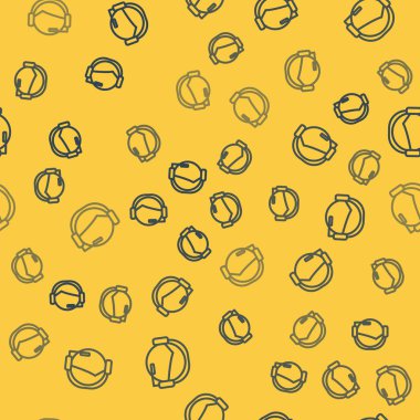 Kulaklık simgesine sahip mavi çizgi adamı sarı arka planda izole edilmiş kusursuz desen. Destek operatörü hatta. Çağrı merkezi konsepti, müşteri destek servisi. Vektör İllüstrasyonu