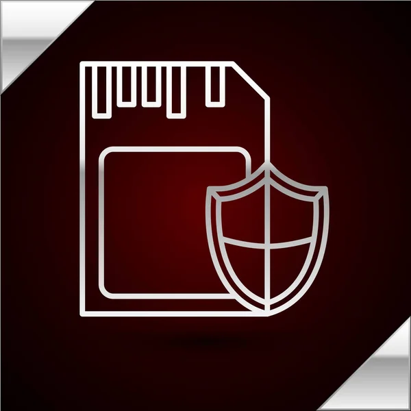 Silver line SD card and shield icon isolated on dark red background. Memory card. Adapter icon. Security, safety, protection, privacy concept. Vector Illustration — ストックベクタ