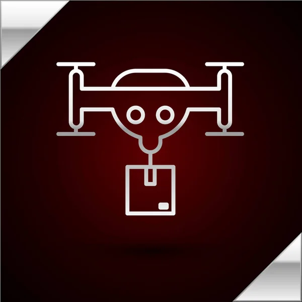 Línea de plata Drone de entrega con el icono del paquete aislado sobre fondo rojo oscuro. Drone entrega caja de cartón. Ilustración vectorial — Vector de stock