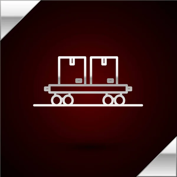 Ikone der silbernen Eisenbahnwaggons auf dunkelrotem Hintergrund. Vektorillustration — Stockvektor