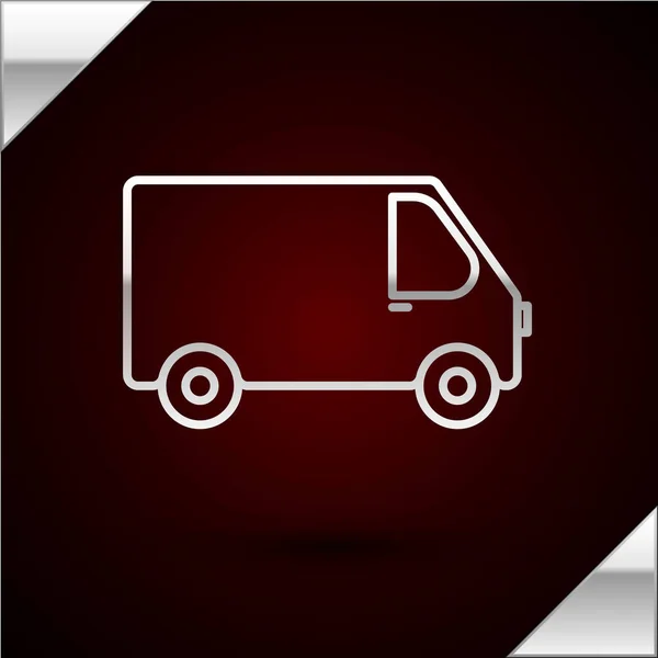 Silberne Linie Lieferung Lastkraftwagen-Symbol isoliert auf dunkelrotem Hintergrund. Vektorillustration — Stockvektor