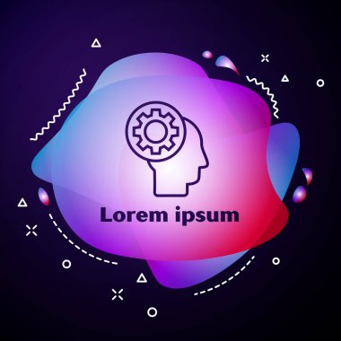 Mor çizgili insan kafası. Koyu mavi arka planda bir ikon var. Yapay zeka. Beyin işaretini düşünüyorum. Beynin sembol çalışması. Sıvı şekilli soyut pankart. Vektör İllüstrasyonu