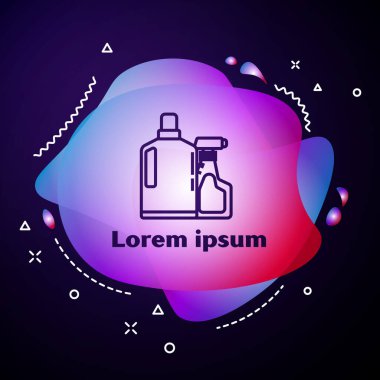 Mor çizgili plastik şişeler sıvı çamaşır deterjanı, çamaşır suyu, bulaşık deterjanı ya da mavi arka planda izole edilmiş başka bir temizlik maddesi. Sıvı şekilli soyut pankart. Vektör İllüstrasyonu