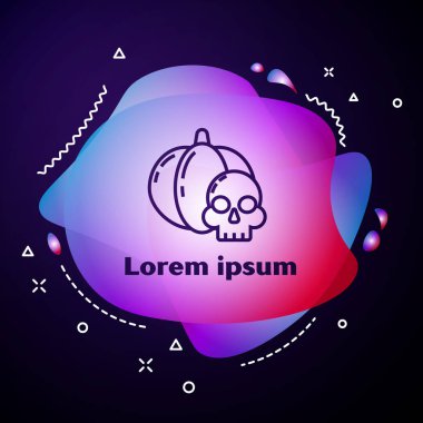 Mor çizgili balkabağı ve kafatası ikonu koyu mavi arka planda izole edilmiş. Mutlu Cadılar Bayramı Partisi. Sıvı şekilli soyut pankart. Vektör İllüstrasyonu