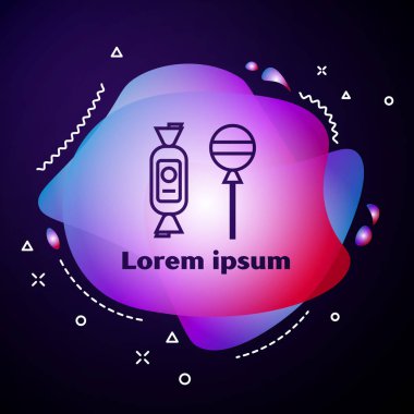 Mor çizgi lolipop ikonu koyu mavi arkaplanda izole edilmiş. Şeker işareti. Yemek, lezzetli bir sembol. Sıvı şekilli soyut pankart. Vektör İllüstrasyonu
