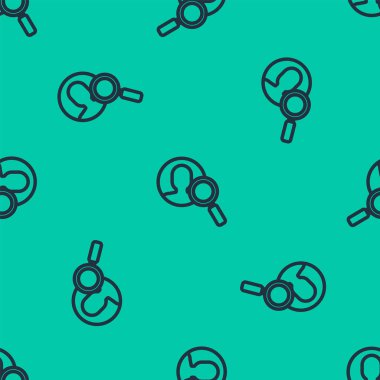 Arama için mavi çizgi büyüteç. Yeşil arka planda izole edilmiş bir insan simgesi. İşe alım ya da seçim konsepti. Çalışanları ve işi ara. Vektör İllüstrasyonu