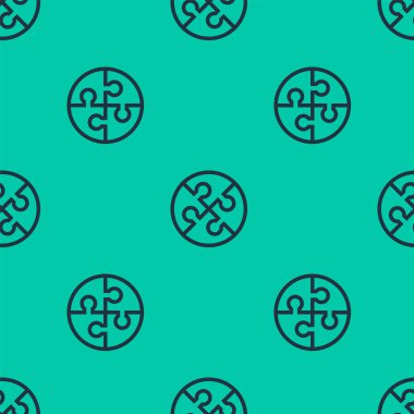 Yapboz simgesinin mavi çizgisi yeşil arka planda izole edilmiş pürüzsüz desen. İş, pazarlama, finans, şablon, düzen, bilgi grafikleri, internet konsepti. Vektör İllüstrasyonu