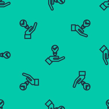 Mavi çizgi ampulü el simgesinde izole edilmiş yeşil arkaplanda pürüzsüz desen. Fikir kavramı. Vektör İllüstrasyonu