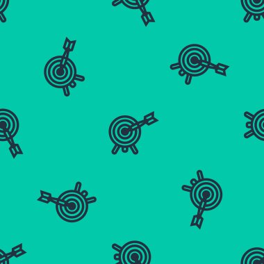 Yeşil arkaplanda, ok simgesine sahip mavi çizgi hedefi izole edilmiş, pürüzsüz desen. Dart tahtası işareti. Okçuluk tahtası simgesi. Dartboard işareti. İş hedefi kavramı. Vektör İllüstrasyonu