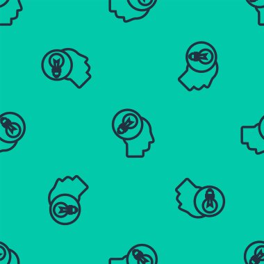 Ampul ikonuna sahip mavi çizgi insan kafası yeşil arka planda izole edilmiş pürüzsüz desen. Vektör İllüstrasyonu