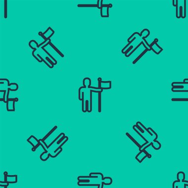 Mavi çizgi adamı yeşil arka planda izole edilmiş ikon bayrak tutuyor. Vektör İllüstrasyonu