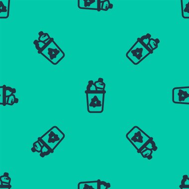 Geri dönüşüm sembolü simgesi olan mavi çizgi geri dönüşüm kutusu yeşil arkaplanda izole edilmiş dikişsiz desen. Çöp kutusu simgesi. Çöp kutusu tabelası. Geri dönüşüm sepeti işareti. Vektör İllüstrasyonu