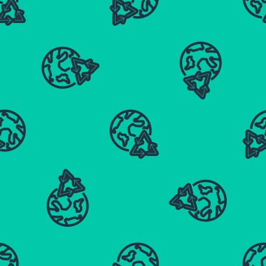 Mavi çizgi Gezegen Dünya ve geri dönüşüm ikonu yeşil arka planda izole edilmiş pürüzsüz desen. Çevresel konsept. Vektör İllüstrasyonu