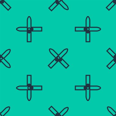 Mavi çizgi Kayak ve Çubuk ikonu yeşil arka planda izole edilmiş pürüzsüz desen. Olağanüstü bir spor. Kayak ekipmanları. Kış sporları ikonu. Vektör İllüstrasyonu