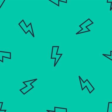 Mavi çizgi Şimşek simgesi yeşil arka planda izole edilmiş pürüzsüz desen. Flaş işareti. Flaş ikonunu yükle. Gök gürültüsü. Yıldırım çarpması. Vektör İllüstrasyonu