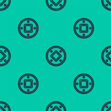 Mavi çizgi Yahudi madeni para ikonu yeşil arka planda kusursuz desen izole etti. Para birimi sembolü. Vektör İllüstrasyonu