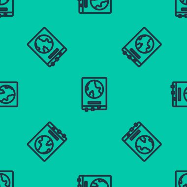 Bir okul karatahta simgesi üzerindeki mavi çizgi dünya haritası yeşil arkaplanda pürüzsüz bir desen izole etti. Tahtaya harita çiziyorum. Vektör İllüstrasyonu