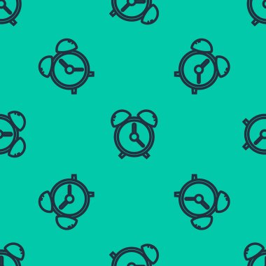 Mavi çizgi alarmlı saat simgesi yeşil arkaplandaki kusursuz deseni izole etti. Uyan, kalk konsepti. Zaman işareti. Vektör İllüstrasyonu