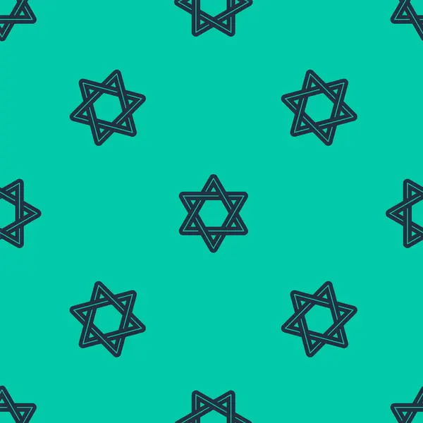 Línea azul Estrella de David icono patrón inconsútil aislado sobre fondo verde. Símbolo religioso judío. Símbolo de Israel. Ilustración vectorial — Archivo Imágenes Vectoriales