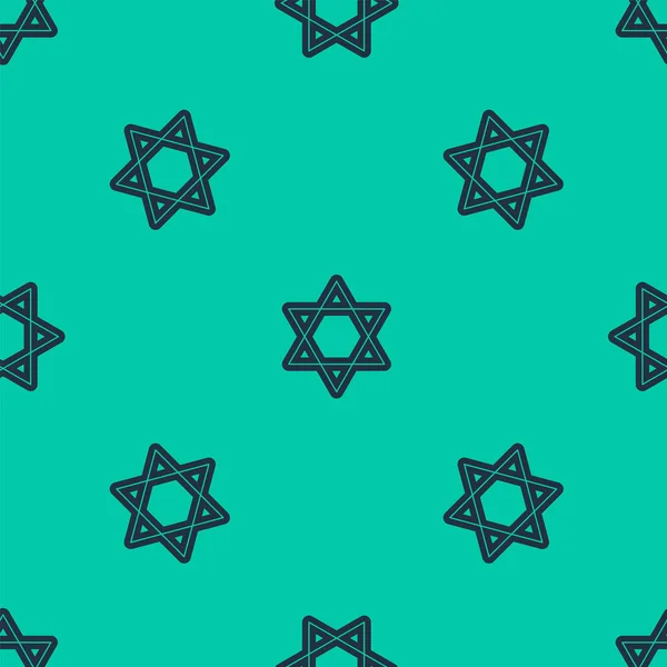 Blue line Star of David icon isolated seamless pattern on green background. Jewish religion symbol. Symbol of Israel. Vector Illustration — Stock Vector
