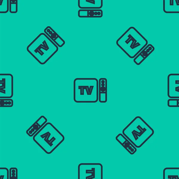 Linea blu Ricevitore multimediale e TV box e lettore con icona del telecomando isolato modello senza soluzione di continuità su sfondo verde. Illustrazione vettoriale — Vettoriale Stock
