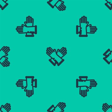 Mavi çizgili lastik eldiven ikonu yeşil arka planda izole edilmiş pürüzsüz desen. Lateks el koruması işareti. Ev işi temizlik ekipmanları sembolü. Vektör İllüstrasyonu