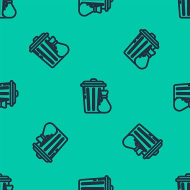 Mavi çizgi çöp tenekesi ve çöp torbası simgesi yeşil arka planda izole edilmiş kusursuz desen. Çöp kutusu tabelası. Sepet simgesini geri dönüştür. Ofis çöpü ikonu. Vektör İllüstrasyonu